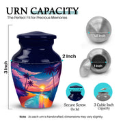 Slate Blue Beach Cremation Urn close-up of engraving and surface detail - classic sculpted beach pattern on smooth aluminum - mini keepsake memorial for portion of cremation ashes