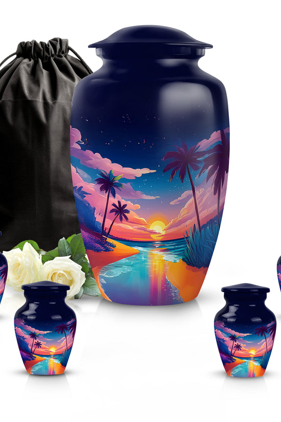 Serene Blue Beach Cremation Urn top-down view of secure threaded lid - traditional beach engraving with hand-polished finish - memorial set with one large and four small urns