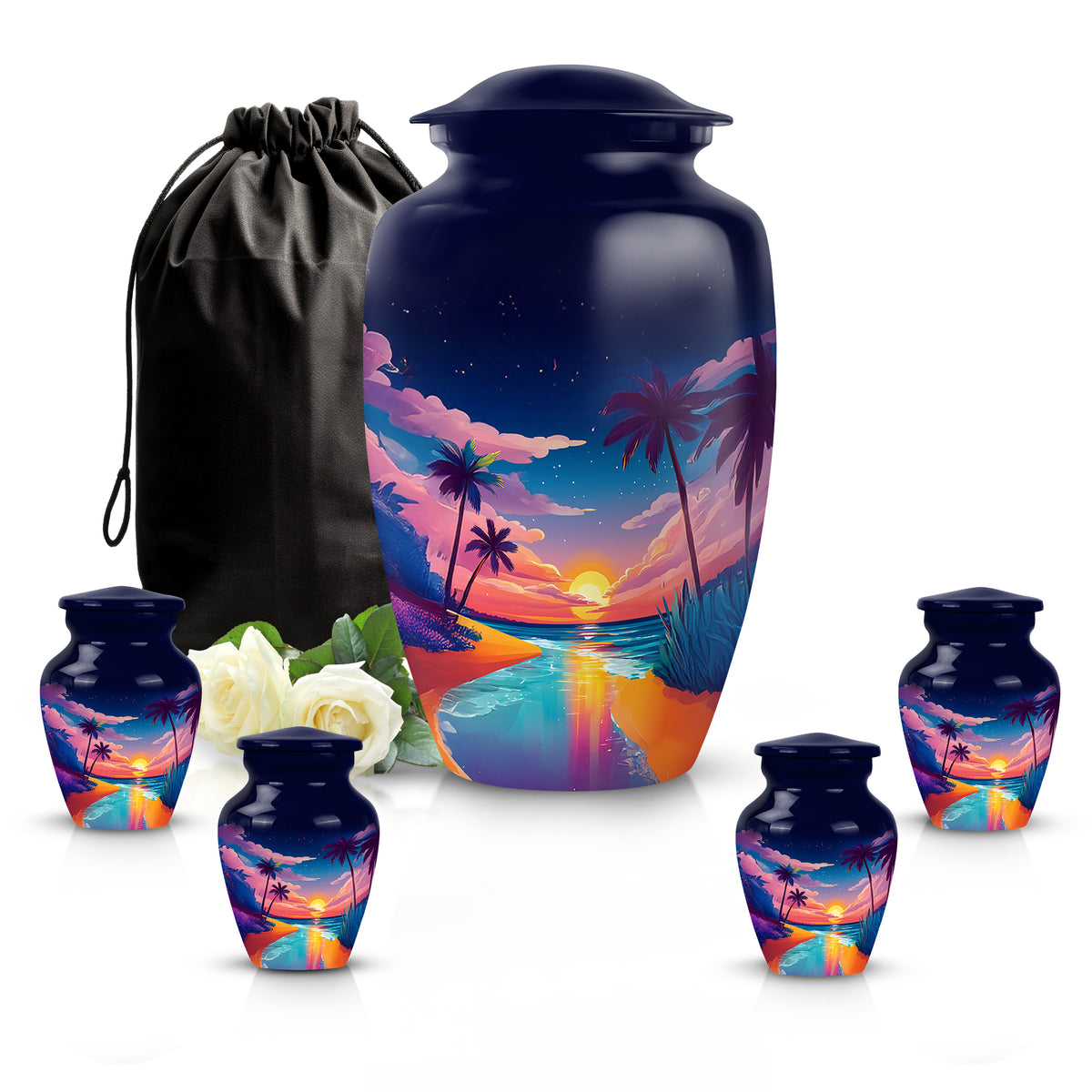 Serene Blue Beach Cremation Urn top-down view of secure threaded lid - traditional beach engraving with hand-polished finish - memorial set with one large and four small urns