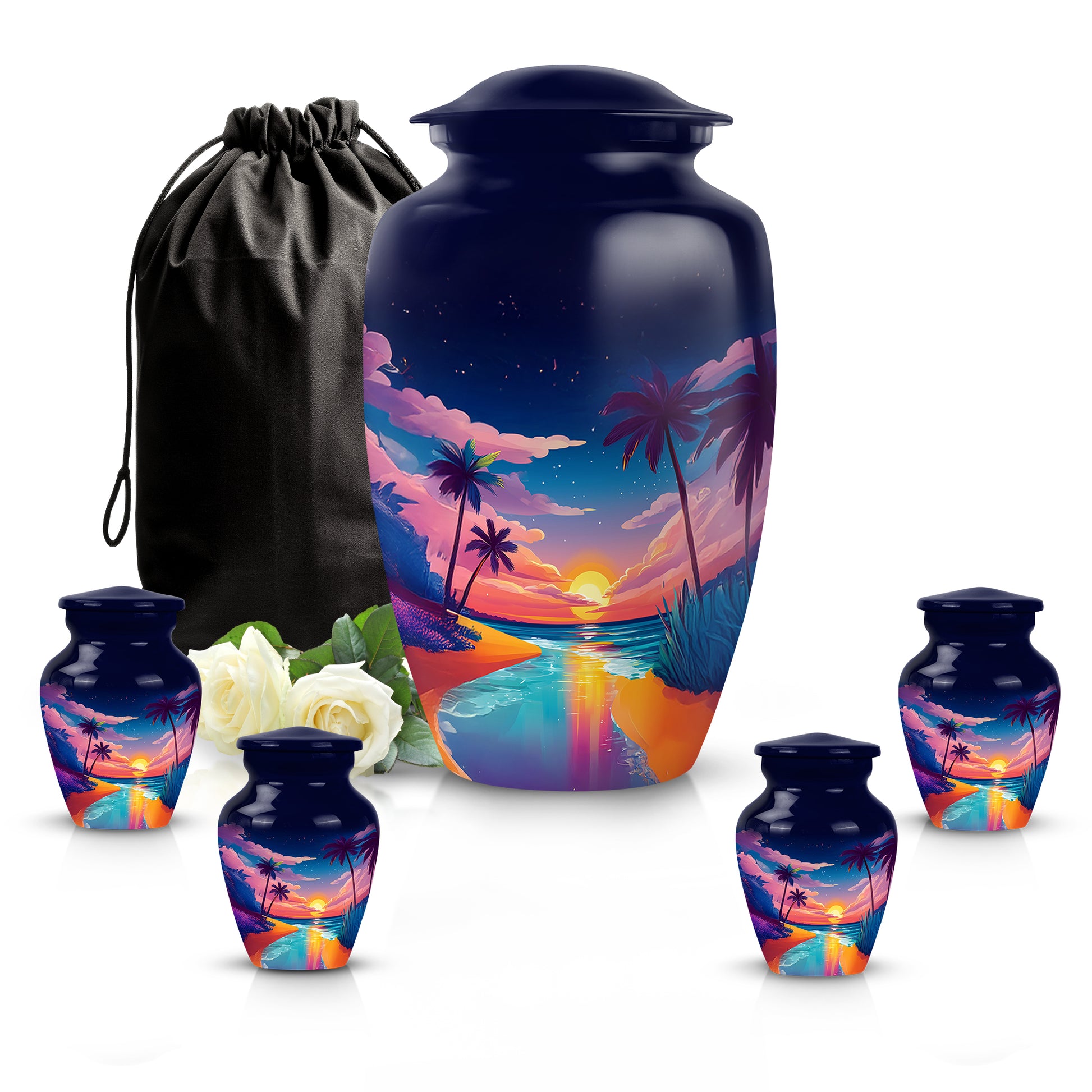 Serene Blue Beach Cremation Urn top-down view of secure threaded lid - traditional beach engraving with hand-polished finish - memorial set with one large and four small urns
