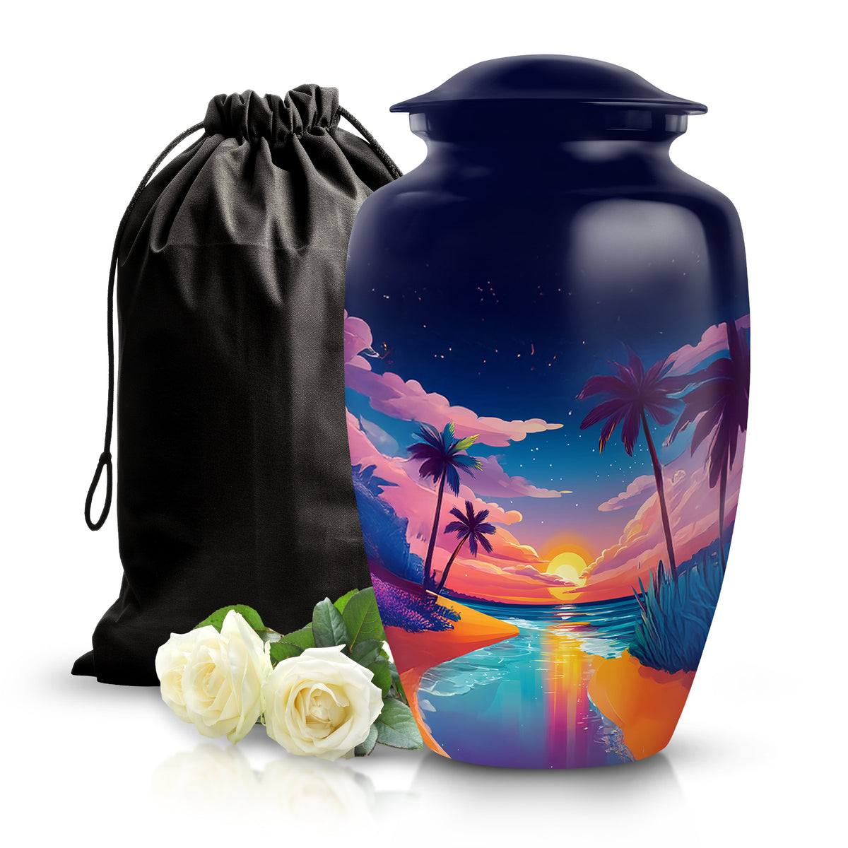 Navy Blue Beach Cremation Urn angled view of lid and engraved motif - classic sculpted beach pattern on smooth aluminum - full-size 10 inch 200 cubic inch adult cremation urn
