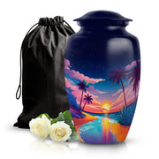 Navy Blue Beach Cremation Urn angled view of lid and engraved motif - classic sculpted beach pattern on smooth aluminum - full-size 10 inch 200 cubic inch adult cremation urn