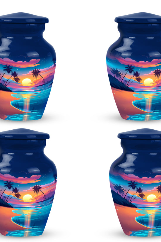 Cobalt Blue Beach Cremation Urn side profile showing urn shape - elegant classic beach relief with fine detailing - 10 inch aluminum urn for cremated remains