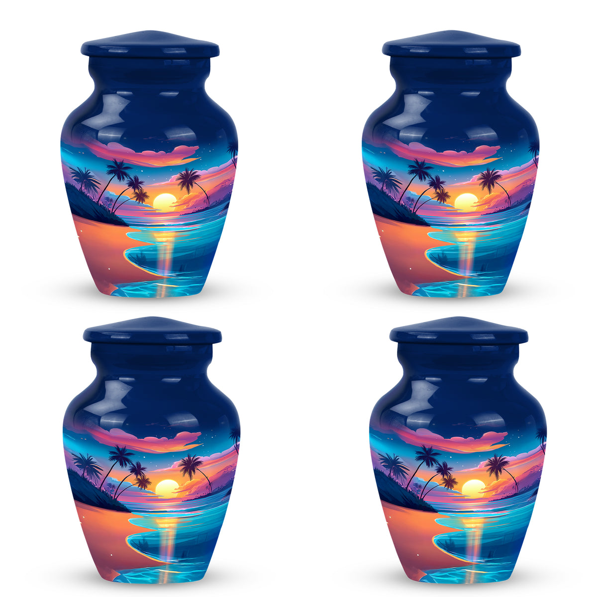 Cobalt Blue Beach Cremation Urn side profile showing urn shape - elegant classic beach relief with fine detailing - 10 inch aluminum urn for cremated remains