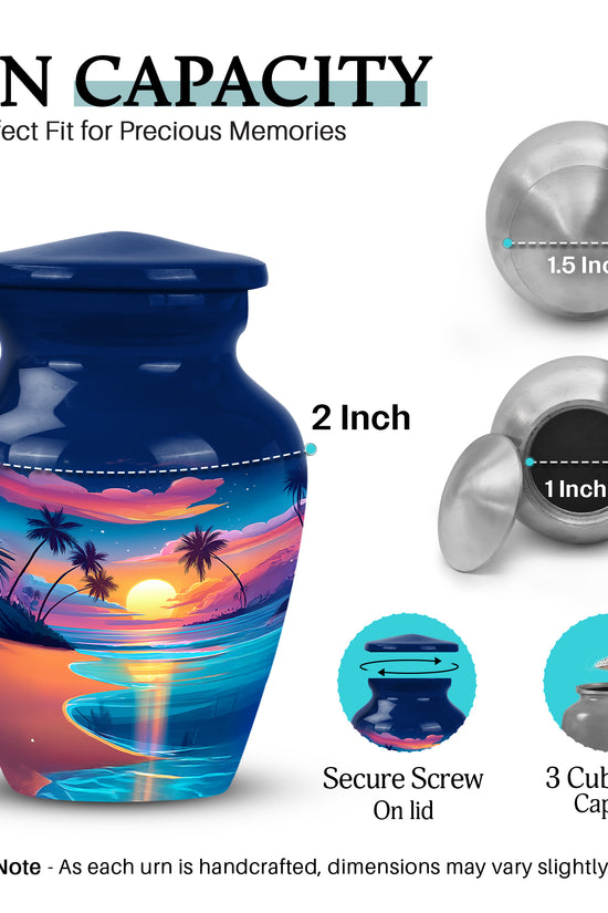 Slate Blue Beach Cremation Urn close-up of engraving and surface detail - classic sculpted beach pattern on smooth aluminum - mini keepsake memorial for portion of cremation ashes