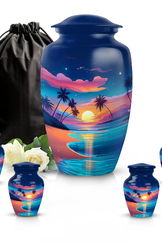 Cobalt Blue Beach Cremation Urn top-down view of secure threaded lid - elegant classic beach relief with fine detailing - memorial set with one large and four small urns