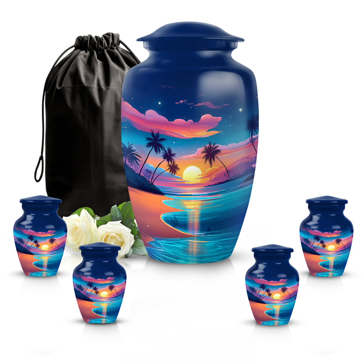 Cobalt Blue Beach Cremation Urn top-down view of secure threaded lid - elegant classic beach relief with fine detailing - memorial set with one large and four small urns