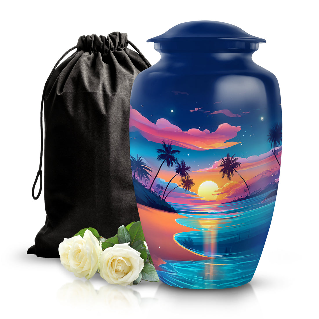 Celestial Blue Beach Cremation Urn angled view of lid and engraved motif - timeless beach motif etched into premium metal - full-size 10 inch 200 cubic inch adult cremation urn