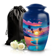 Celestial Blue Beach Cremation Urn angled view of lid and engraved motif - timeless beach motif etched into premium metal - full-size 10 inch 200 cubic inch adult cremation urn