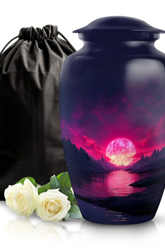 Indigo Beach Cremation Urn angled view of lid and engraved motif - classic sculpted beach pattern on smooth aluminum - full-size 10 inch 200 cubic inch adult cremation urn