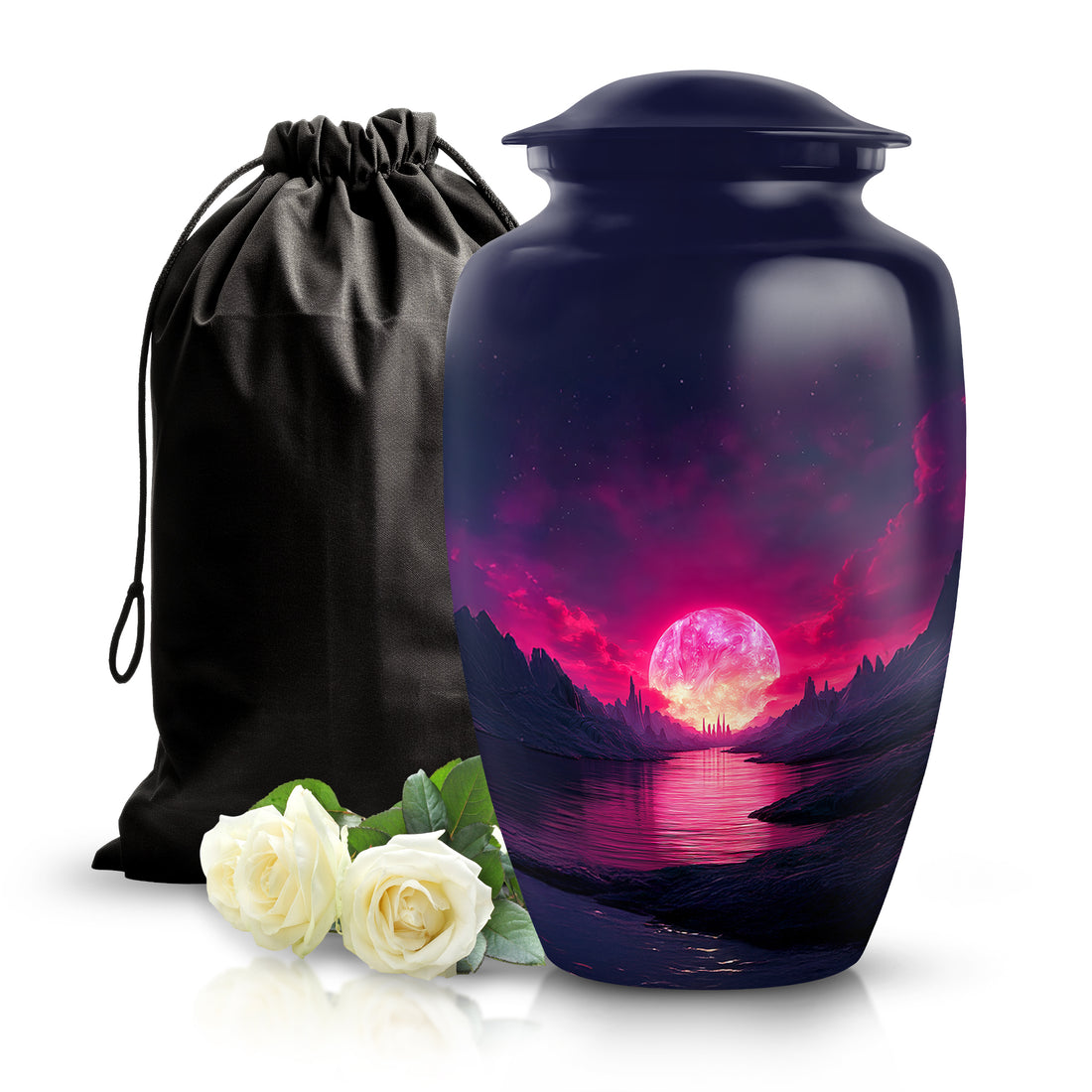 Indigo Beach Cremation Urn angled view of lid and engraved motif - classic sculpted beach pattern on smooth aluminum - full-size 10 inch 200 cubic inch adult cremation urn