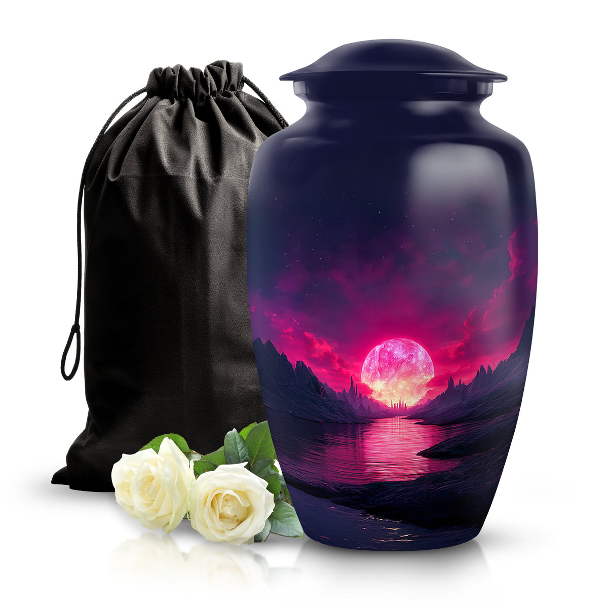 Indigo Beach Cremation Urn angled view of lid and engraved motif - classic sculpted beach pattern on smooth aluminum - full-size 10 inch 200 cubic inch adult cremation urn