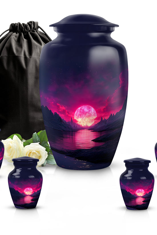 Sky Blue Beach Cremation Urn top-down view of secure threaded lid - classic sculpted beach pattern on smooth aluminum - memorial set with one large and four small urns