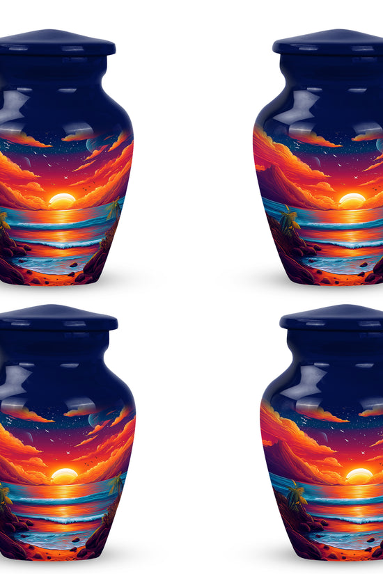 Slate Blue Beach Cremation Urn side profile showing urn shape - classic sculpted beach pattern on smooth aluminum - 10 inch aluminum urn for cremated remains
