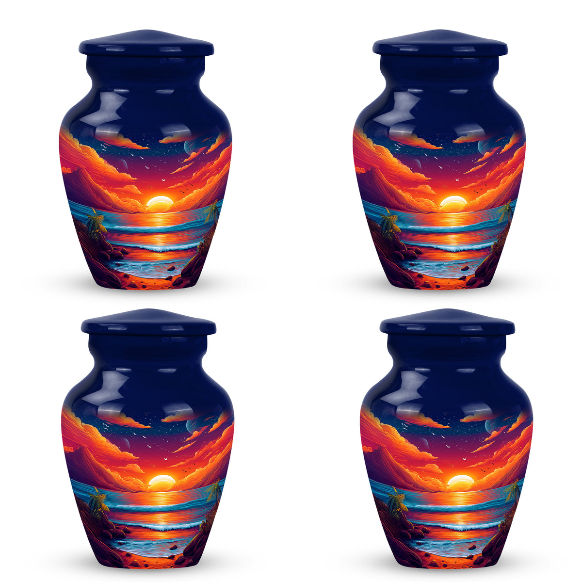 Slate Blue Beach Cremation Urn side profile showing urn shape - classic sculpted beach pattern on smooth aluminum - 10 inch aluminum urn for cremated remains