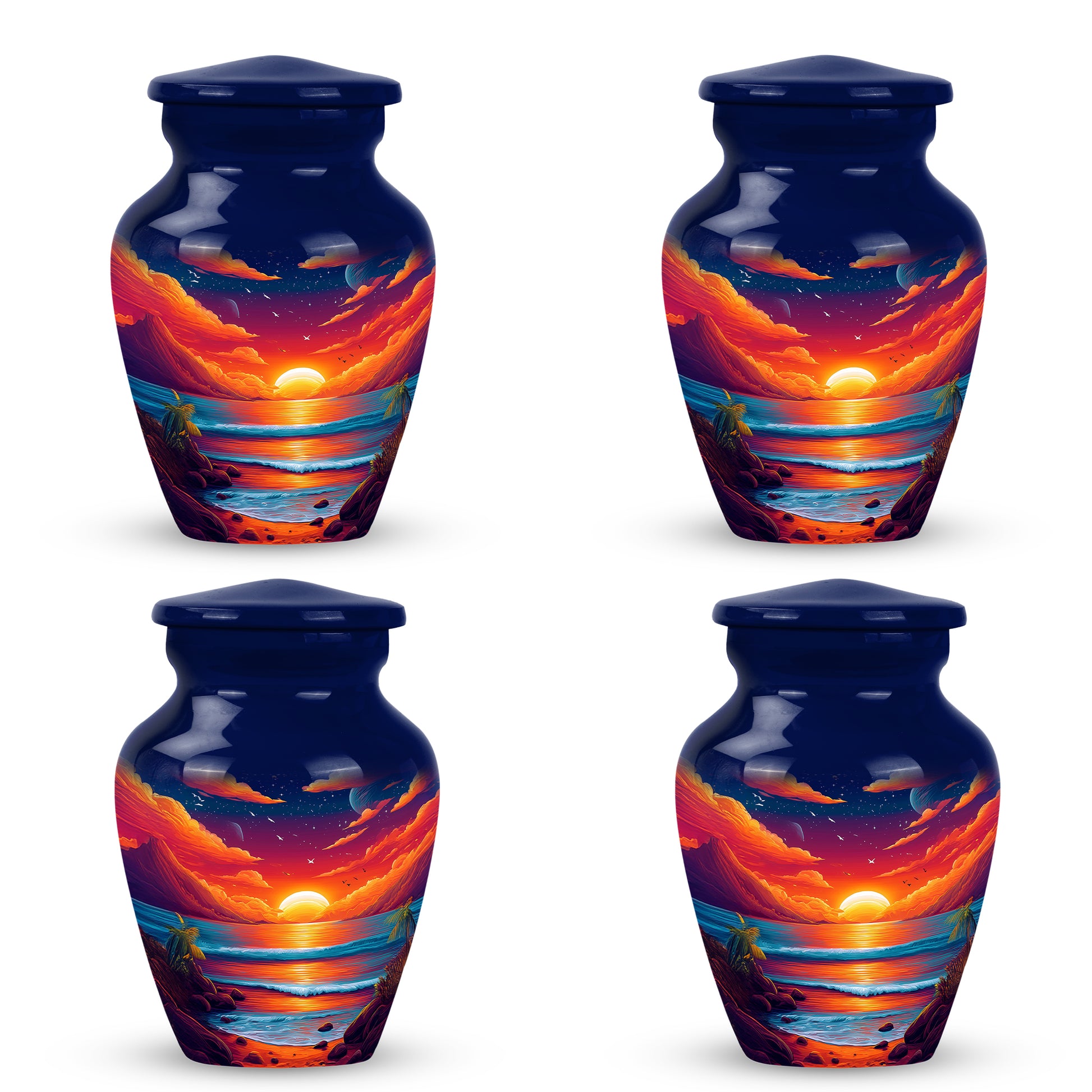 Slate Blue Beach Cremation Urn side profile showing urn shape - classic sculpted beach pattern on smooth aluminum - 10 inch aluminum urn for cremated remains
