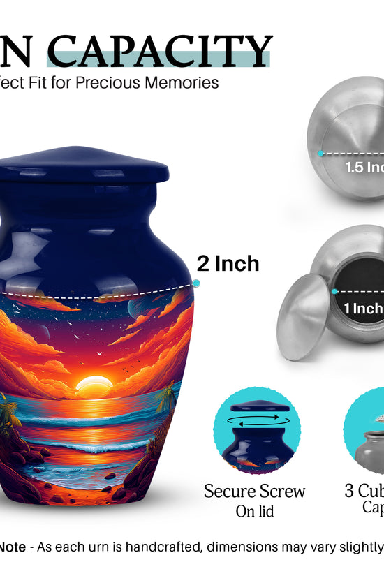 Pastel Blue Beach Cremation Urn close-up of engraving and surface detail - timeless beach motif etched into premium metal - mini keepsake memorial for portion of cremation ashes