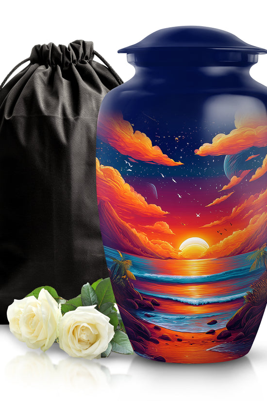 Azure Beach Cremation Urn angled view of lid and engraved motif - classic sculpted beach pattern on smooth aluminum - full-size 10 inch 200 cubic inch adult cremation urn