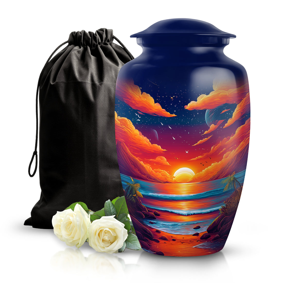 Azure Beach Cremation Urn angled view of lid and engraved motif - classic sculpted beach pattern on smooth aluminum - full-size 10 inch 200 cubic inch adult cremation urn