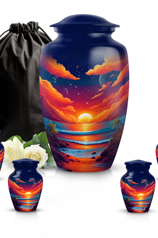 Vivid Blue Beach Cremation Urn top-down view of secure threaded lid - elegant classic beach relief with fine detailing - memorial set with one large and four small urns