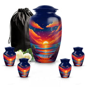 Vivid Blue Beach Cremation Urn top-down view of secure threaded lid - elegant classic beach relief with fine detailing - memorial set with one large and four small urns