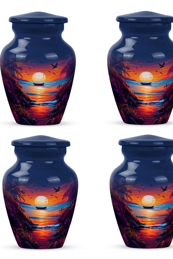 Serene Blue Beach Cremation Urn side profile showing urn shape - traditional beach engraving with hand-polished finish - 10 inch aluminum urn for cremated remains