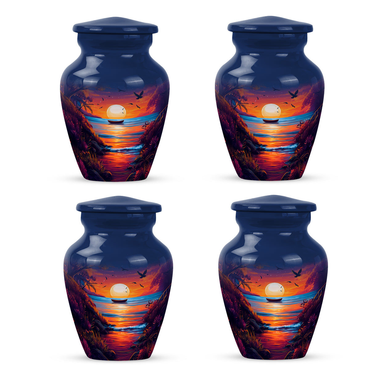 Serene Blue Beach Cremation Urn side profile showing urn shape - traditional beach engraving with hand-polished finish - 10 inch aluminum urn for cremated remains