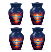 Serene Blue Beach Cremation Urn side profile showing urn shape - traditional beach engraving with hand-polished finish - 10 inch aluminum urn for cremated remains