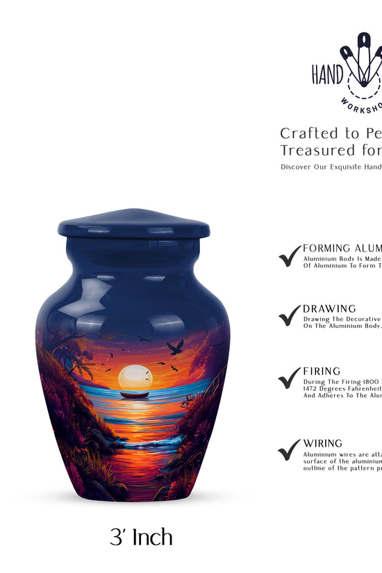 Steel Blue Beach Cremation Urn close-up of engraving and surface detail - traditional beach engraving with hand-polished finish - mini keepsake memorial for portion of cremation ashes