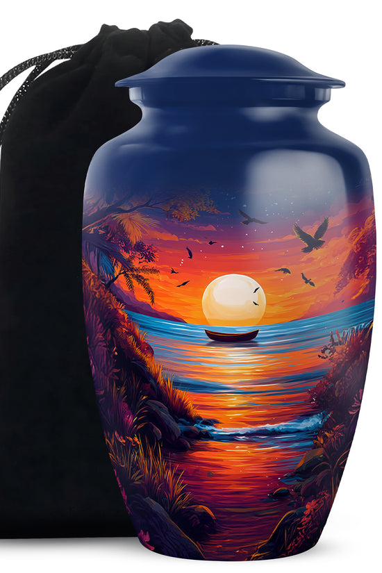 Bright Blue Beach Cremation Urn angled view of lid and engraved motif - elegant classic beach relief with fine detailing - full-size 10 inch 200 cubic inch adult cremation urn
