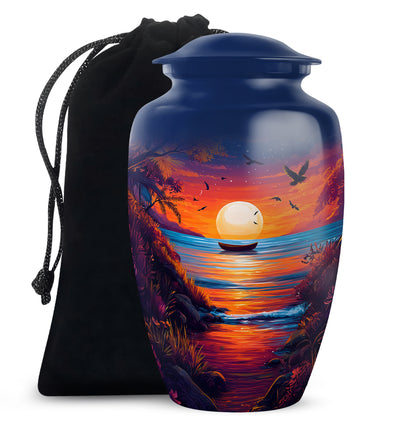 Bright Blue Beach Cremation Urn angled view of lid and engraved motif - elegant classic beach relief with fine detailing - full-size 10 inch 200 cubic inch adult cremation urn