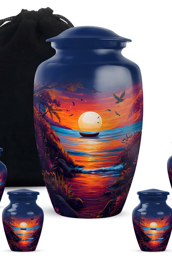 Sky Blue Beach Cremation Urn top-down view of secure threaded lid - classic sculpted beach pattern on smooth aluminum - memorial set with one large and four small urns