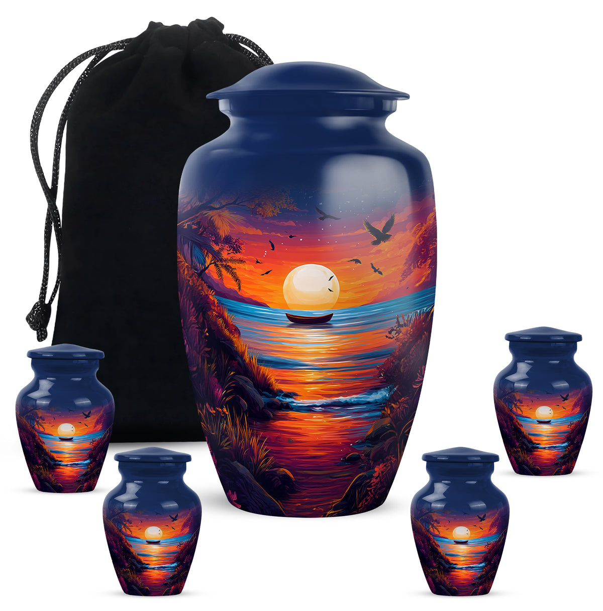 Sky Blue Beach Cremation Urn top-down view of secure threaded lid - classic sculpted beach pattern on smooth aluminum - memorial set with one large and four small urns