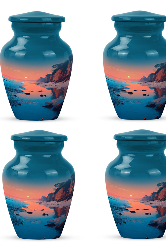 Sea Green Teal Beach Cremation Urn side profile showing urn shape - timeless beach motif etched into premium metal - 10 inch aluminum urn for cremated remains