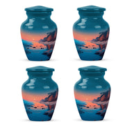 Sea Green Teal Beach Cremation Urn side profile showing urn shape - timeless beach motif etched into premium metal - 10 inch aluminum urn for cremated remains
