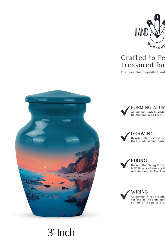 Cool Teal Beach Cremation Urn close-up of engraving and surface detail - timeless beach motif etched into premium metal - mini keepsake memorial for portion of cremation ashes