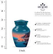 Cool Teal Beach Cremation Urn close-up of engraving and surface detail - timeless beach motif etched into premium metal - mini keepsake memorial for portion of cremation ashes