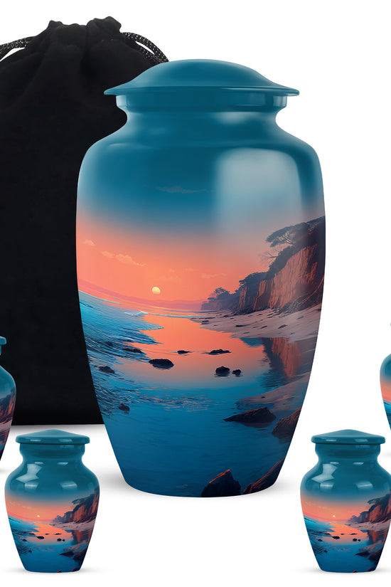 Tropical Teal Beach Cremation Urn top-down view of secure threaded lid - traditional beach engraving with hand-polished finish - memorial set with one large and four small urns