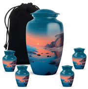 Tropical Teal Beach Cremation Urn top-down view of secure threaded lid - traditional beach engraving with hand-polished finish - memorial set with one large and four small urns