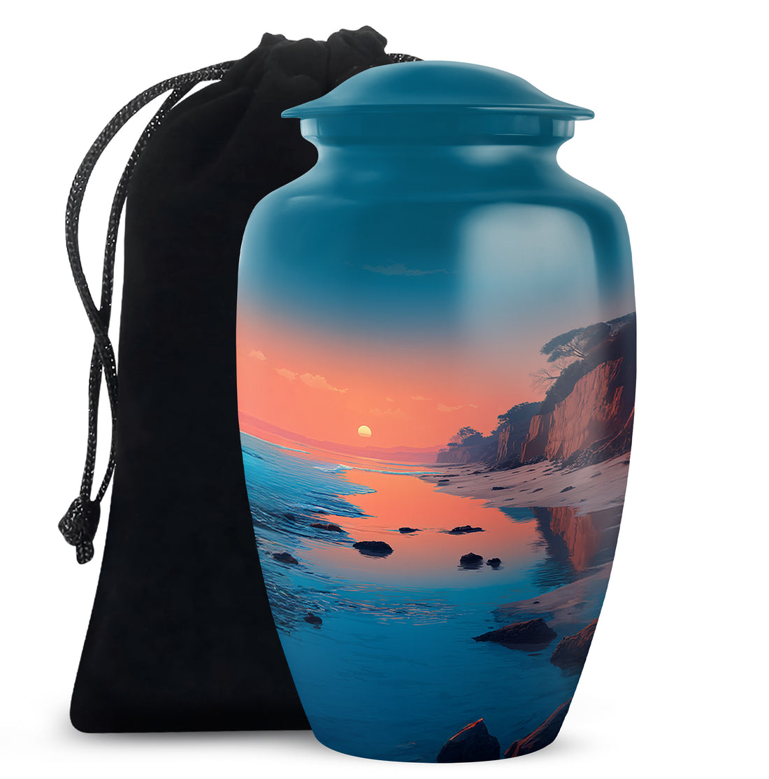 Vivid Teal Beach Cremation Urn angled view of lid and engraved motif - traditional beach engraving with hand-polished finish - full-size 10 inch 200 cubic inch adult cremation urn