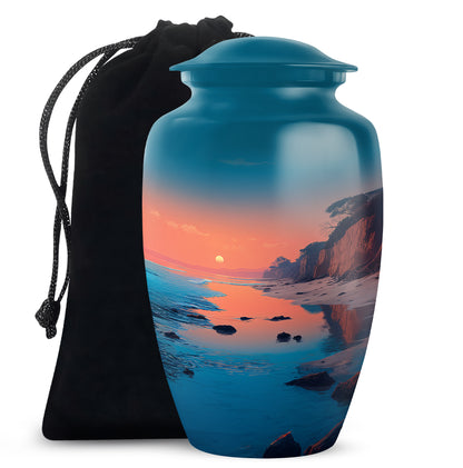 Vivid Teal Beach Cremation Urn angled view of lid and engraved motif - traditional beach engraving with hand-polished finish - full-size 10 inch 200 cubic inch adult cremation urn