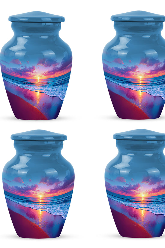 Sky Blue Beach Cremation Urn side profile showing urn shape - classic sculpted beach pattern on smooth aluminum - 10 inch aluminum urn for cremated remains