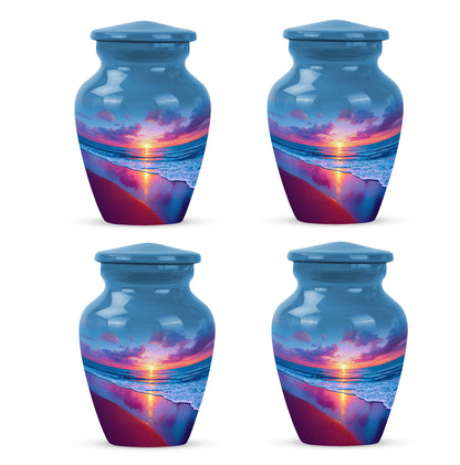 Sky Blue Beach Cremation Urn side profile showing urn shape - classic sculpted beach pattern on smooth aluminum - 10 inch aluminum urn for cremated remains