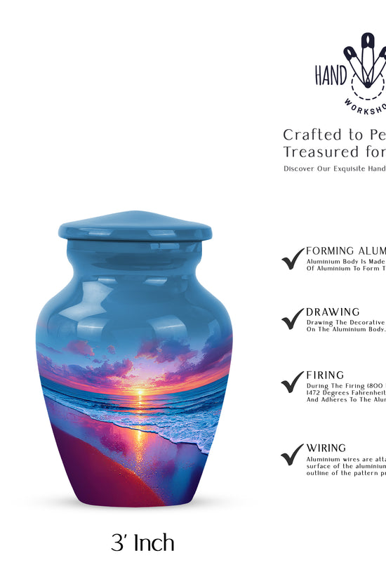 Calming Blue Beach Cremation Urn close-up of engraving and surface detail - traditional beach engraving with hand-polished finish - mini keepsake memorial for portion of cremation ashes
