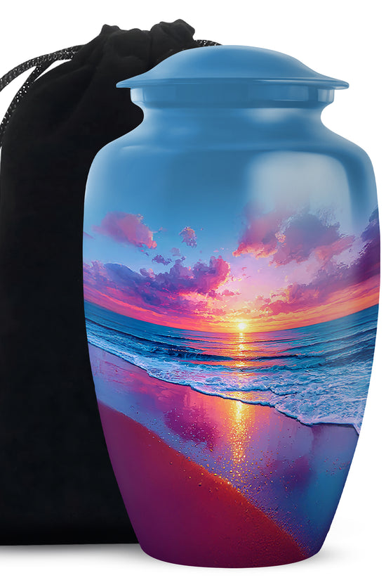 Calming Blue Beach Cremation Urn angled view of lid and engraved motif - traditional beach engraving with hand-polished finish - full-size 10 inch 200 cubic inch adult cremation urn