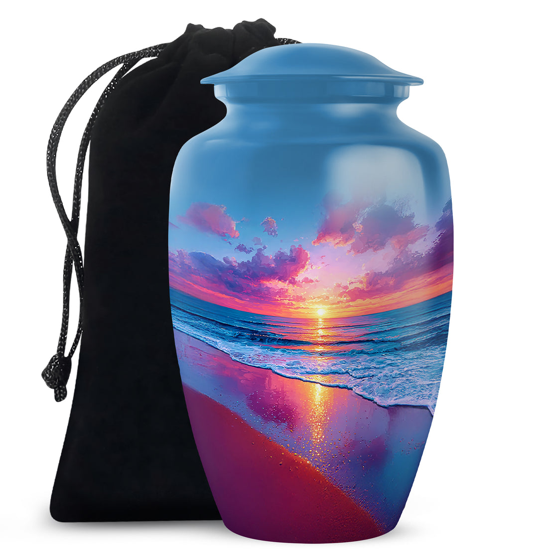Calming Blue Beach Cremation Urn angled view of lid and engraved motif - traditional beach engraving with hand-polished finish - full-size 10 inch 200 cubic inch adult cremation urn