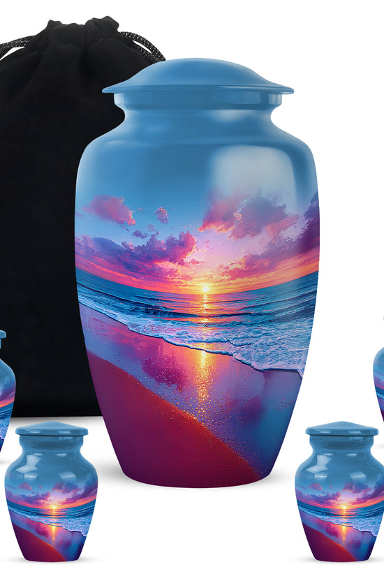 Icy Blue Beach Cremation Urn top-down view of secure threaded lid - timeless beach motif etched into premium metal - memorial set with one large and four small urns