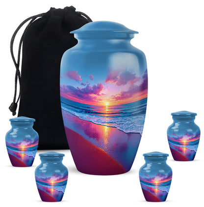 Icy Blue Beach Cremation Urn top-down view of secure threaded lid - timeless beach motif etched into premium metal - memorial set with one large and four small urns
