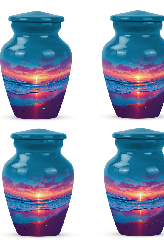 Slate Blue Beach Cremation Urn side profile showing urn shape - timeless beach motif etched into premium metal - 10 inch aluminum urn for cremated remains