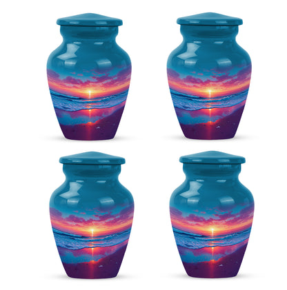 Slate Blue Beach Cremation Urn side profile showing urn shape - timeless beach motif etched into premium metal - 10 inch aluminum urn for cremated remains
